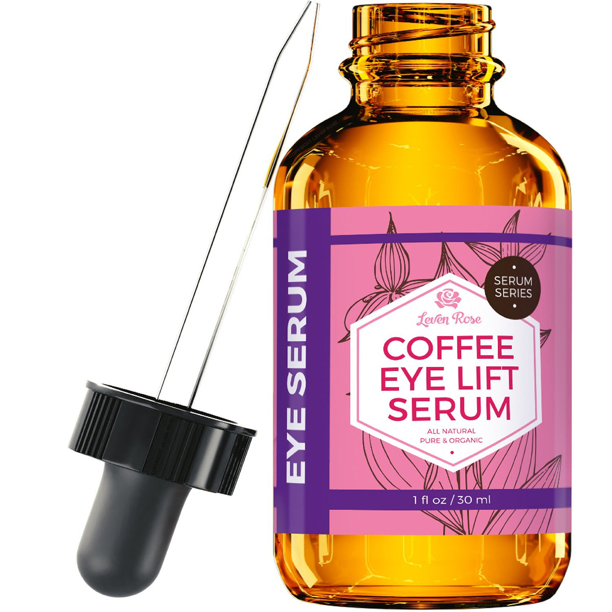 Leven Rose Serum pump closeup showing easy under-eye application