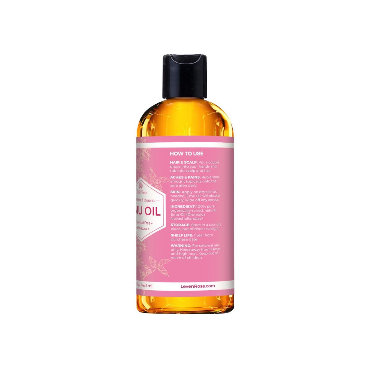 Amber bottle preserves purity of Leven Rose Emu Oil