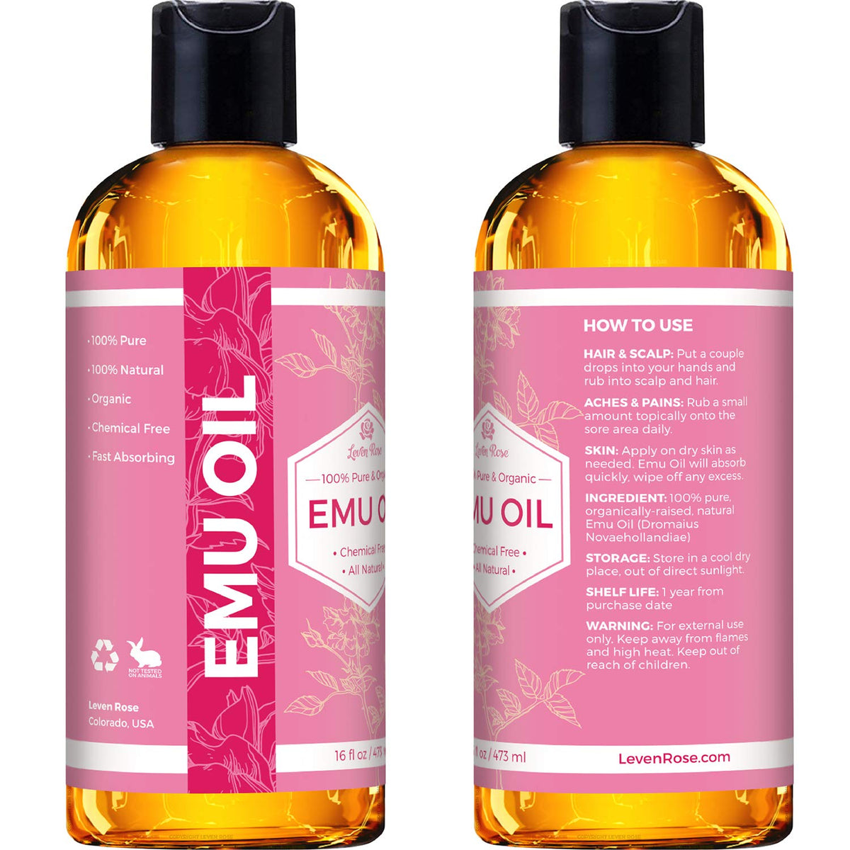 Fragrance-free Leven Rose Emu Oil bottle shown for sensitive skin care