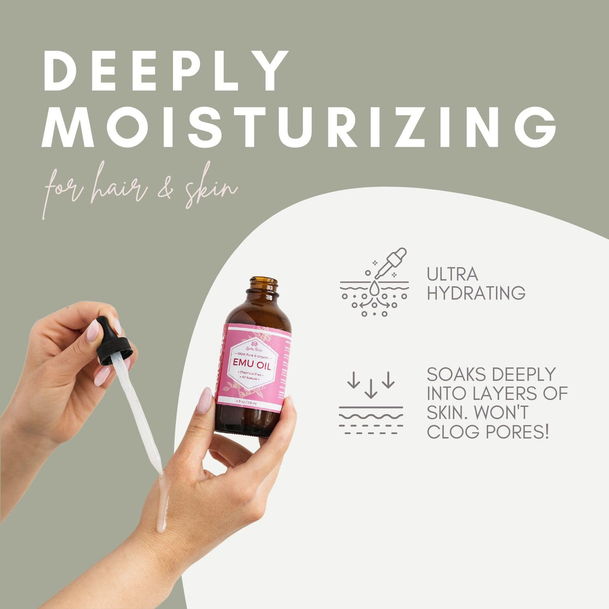 Close-up of quick-absorption texture of Leven Rose Emu Oil for smooth skin