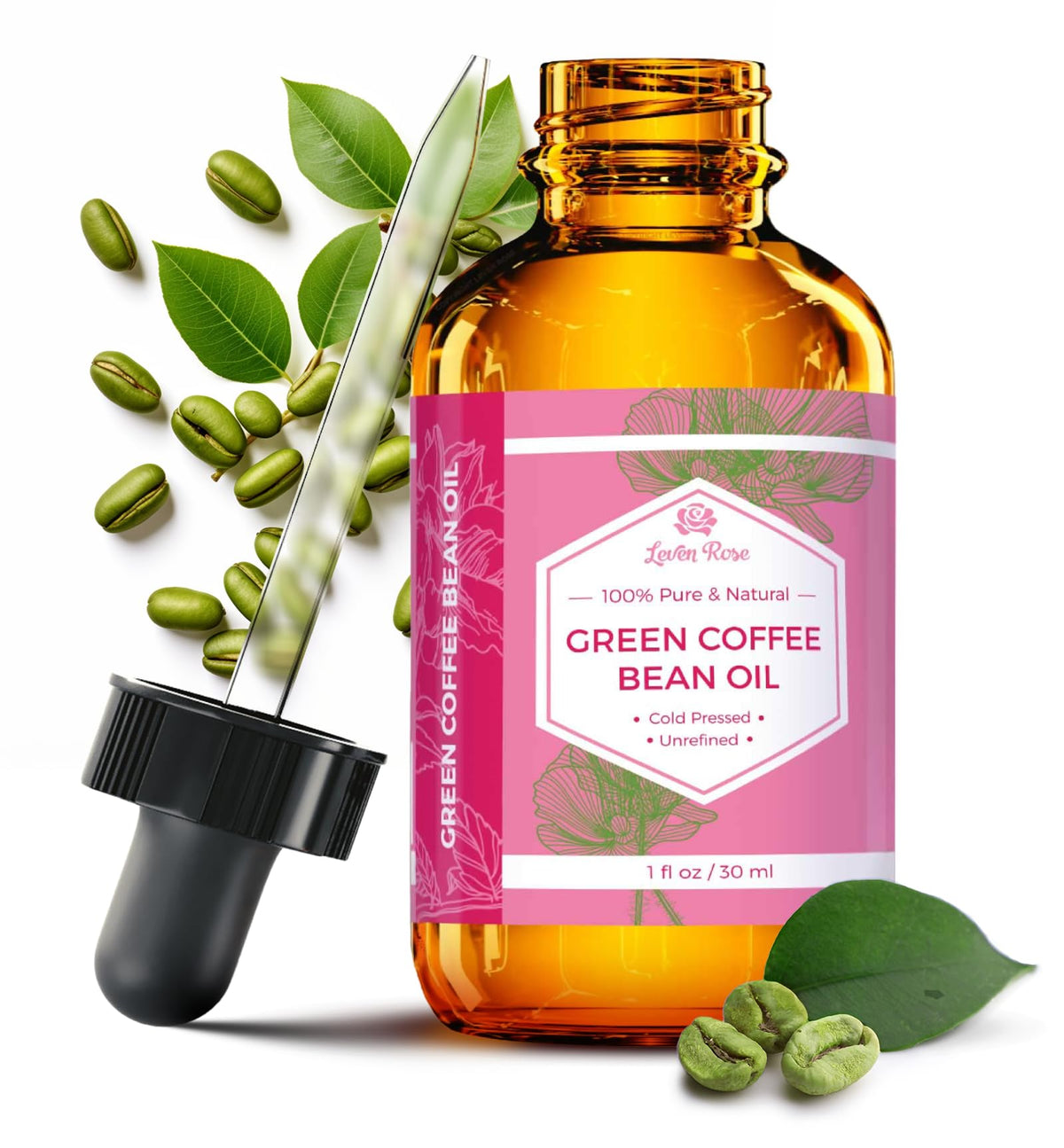 Leven Rose green coffee bean oil dropper bottle used for precise application and hydration.