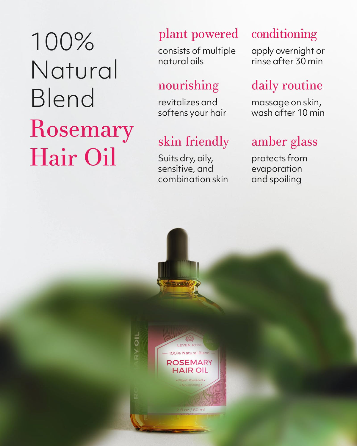 Leven Rose jojoba oil-rich finish suggests non-greasy, lightweight feel after use.