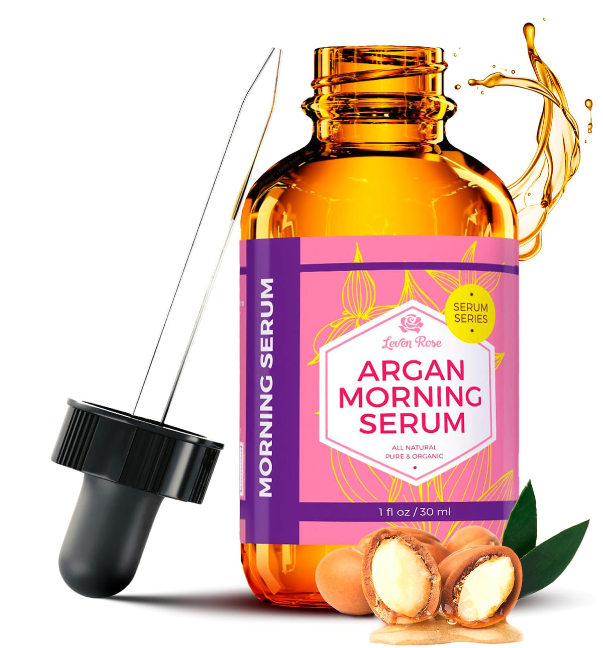 Leven Rose Moroccan Argan Oil Serum bottle with dropper for daily hydration and glow