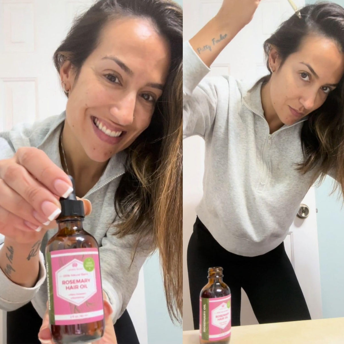 Leven Rose organic rosemary oil dropper with amber bottle, lightweight feel for daily use.