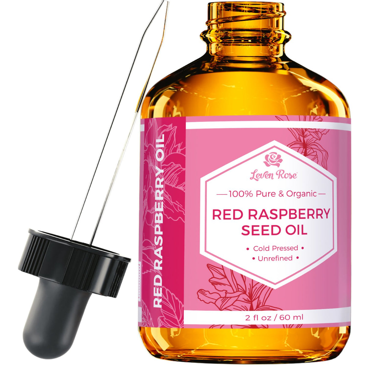 Leven Rose Red Raspberry Seed Oil bottle for face and hands, lightweight hydration