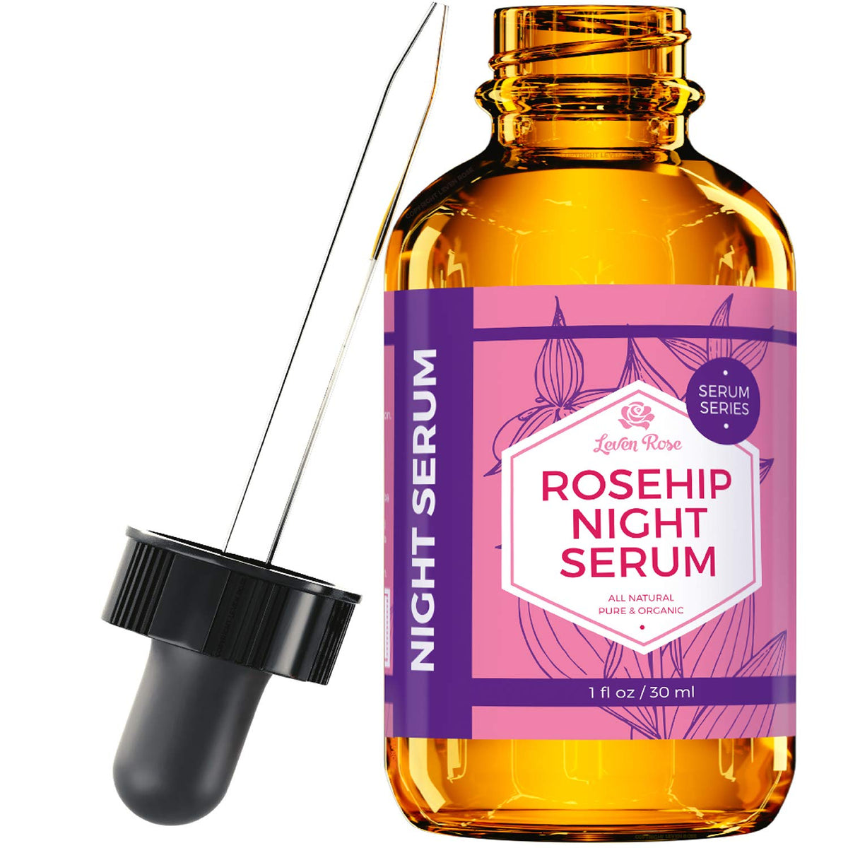Leven Rose Rosehip Night Serum bottle provides hydrating nightly care.