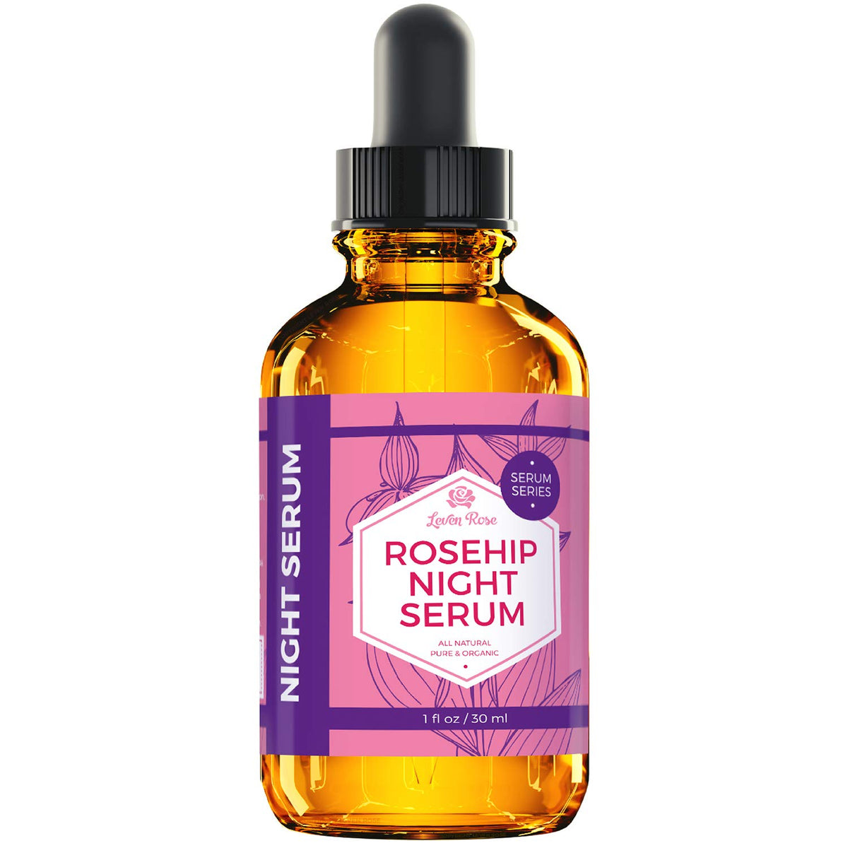 Leven Rose dropper dispenses rosehip oil for nourishing evening care.
