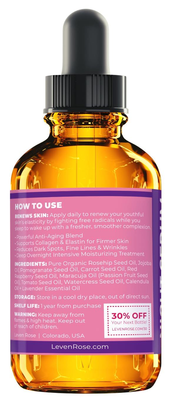 Leven Rose rosehip ingredients highlight vitamin-rich oils.