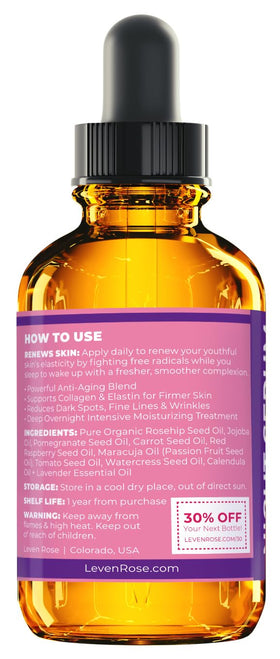 Leven Rose rosehip ingredients highlight vitamin-rich oils.