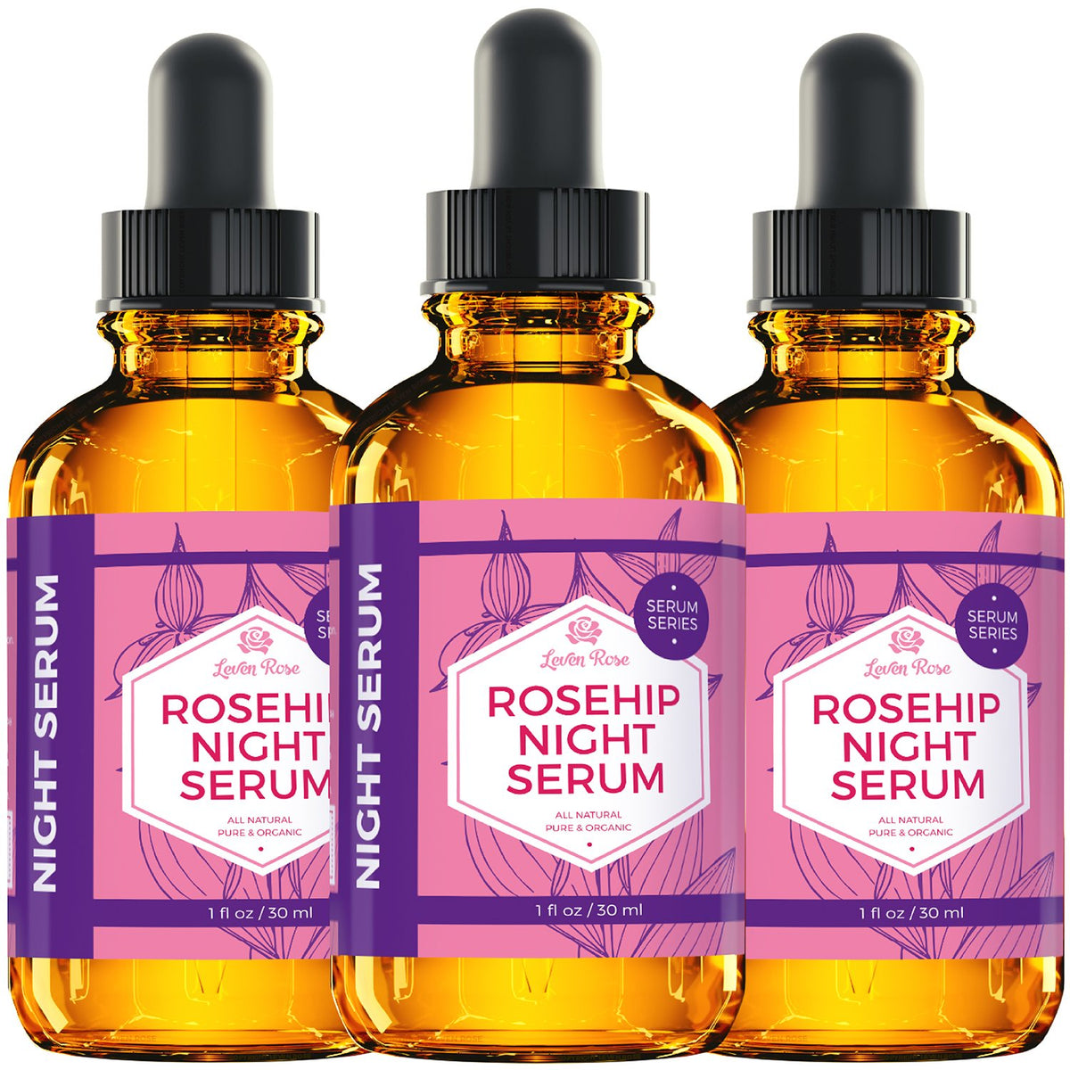 Leven Rose night serum on skin for a refreshed morning look.
