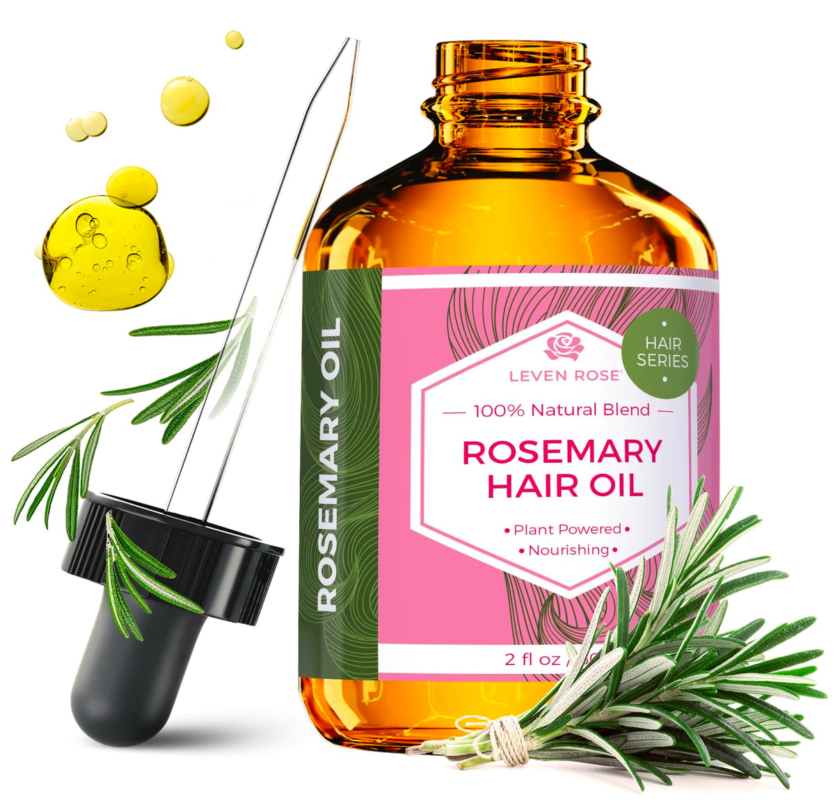 Leven Rose rosemary hair growth oil bottle on a clean surface, promoting scalp nourishment.