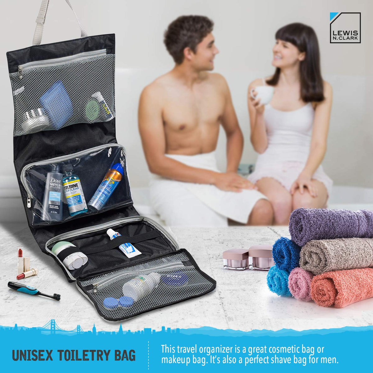 Lewis N. Clark compact folded toiletry bag fits luggage neatly.