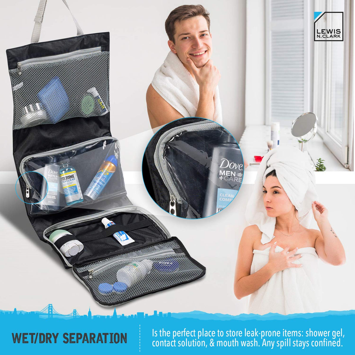 Lewis N. Clark waterproof compartment detail keeps liquids separated.