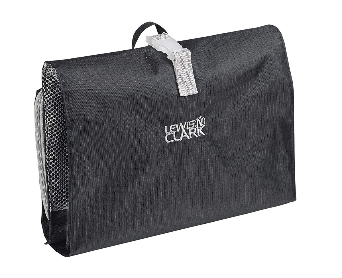 Lewis N. Clark hanging toiletry bag on a hook, organized for travel.
