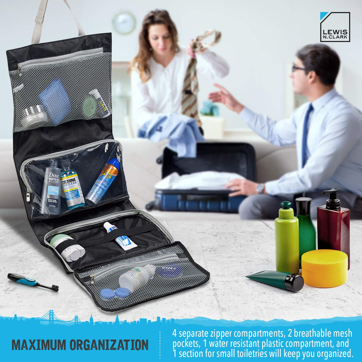 Lewis N. Clark toiletry bag open layout showing full organization.
