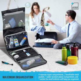 Lewis N. Clark toiletry bag open layout showing full organization.