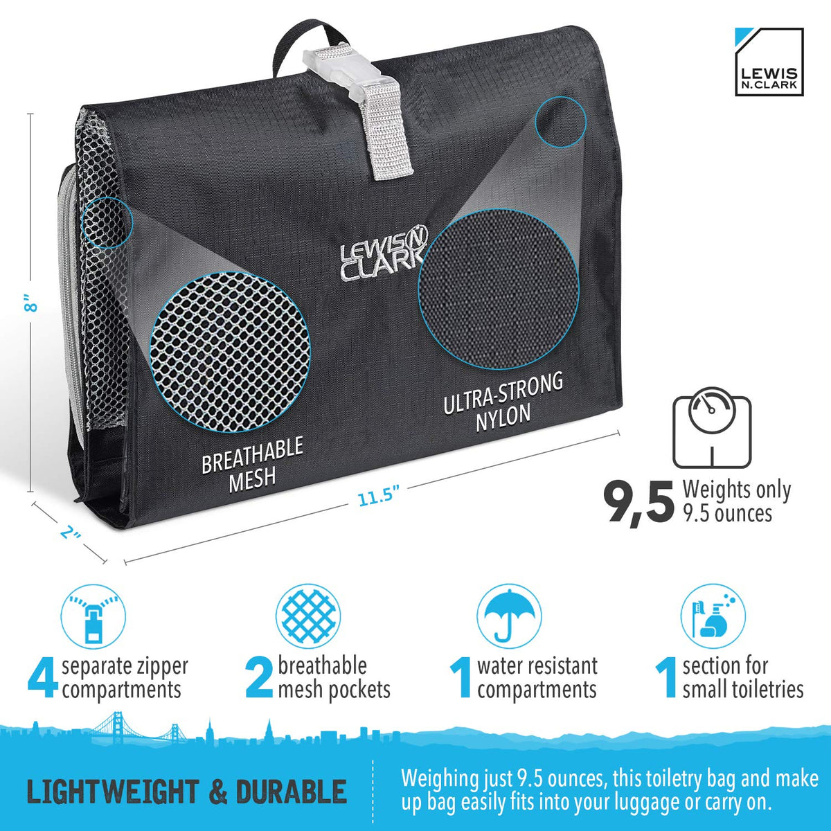 Lewis N. Clark toiletry bag with hang strap for easy access in bathrooms.