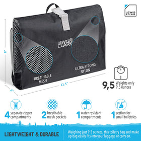 Lewis N. Clark toiletry bag with hang strap for easy access in bathrooms.