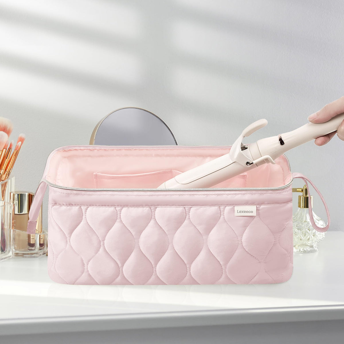 Lexeeco Dyson Airwrap travel case in pink spacious interior for easy attachment storage