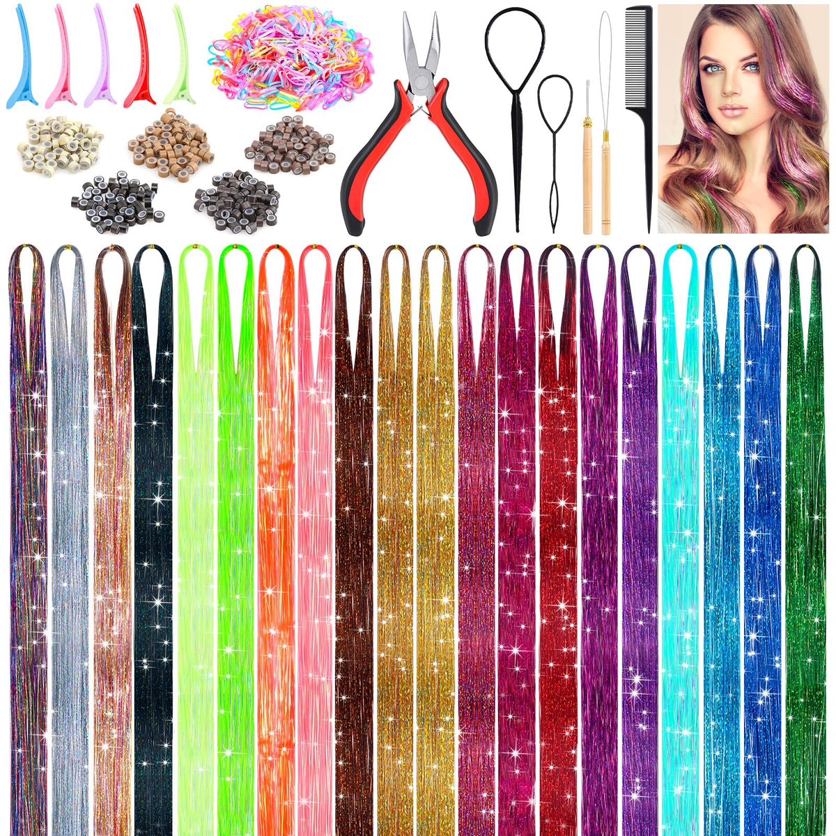 Lezmarket 6000-strands tinsel kit in 20 colors adds natural sparkle to hair