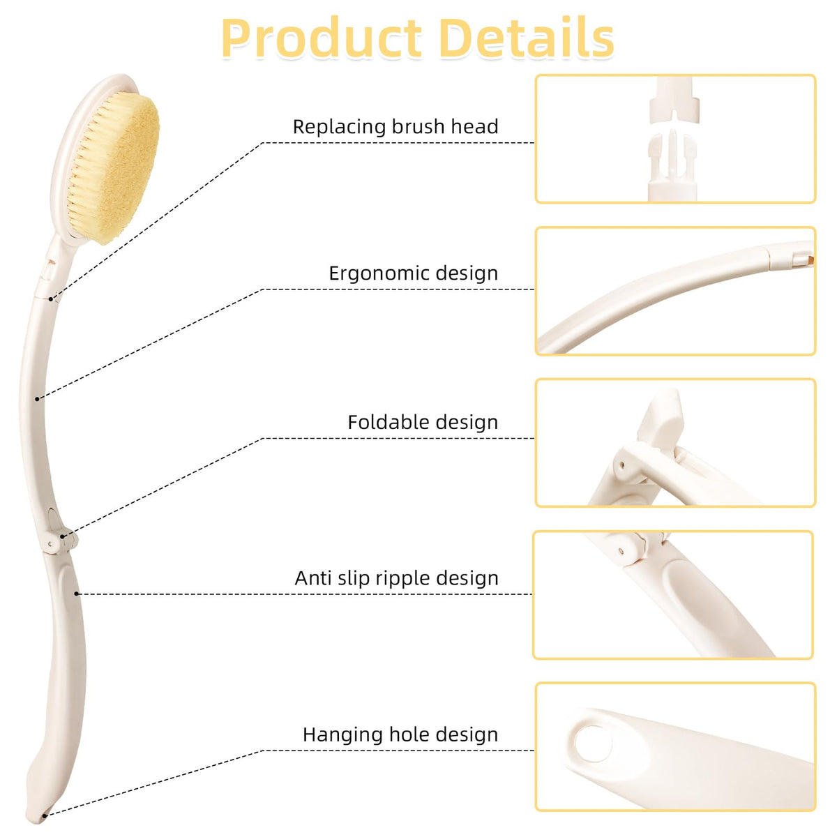 LFJ foldable handle bath brush ideal for travel and gym use.