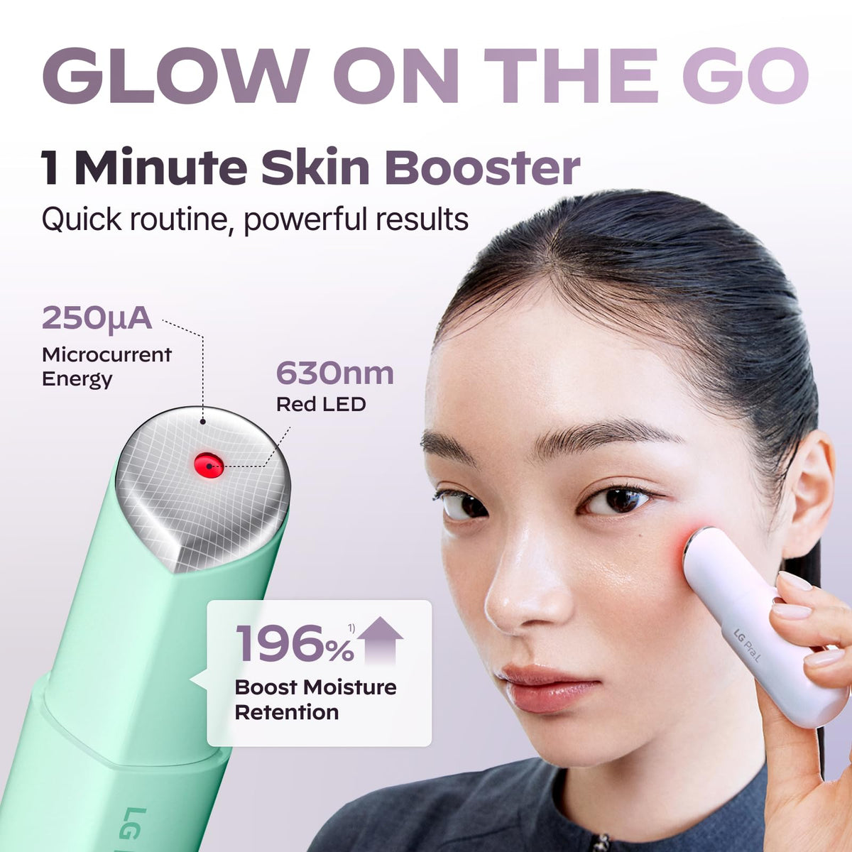 LG Pra.L Superform Galvanic Booster Mystic White in-use demonstrates 3-in-1 anti-aging technology