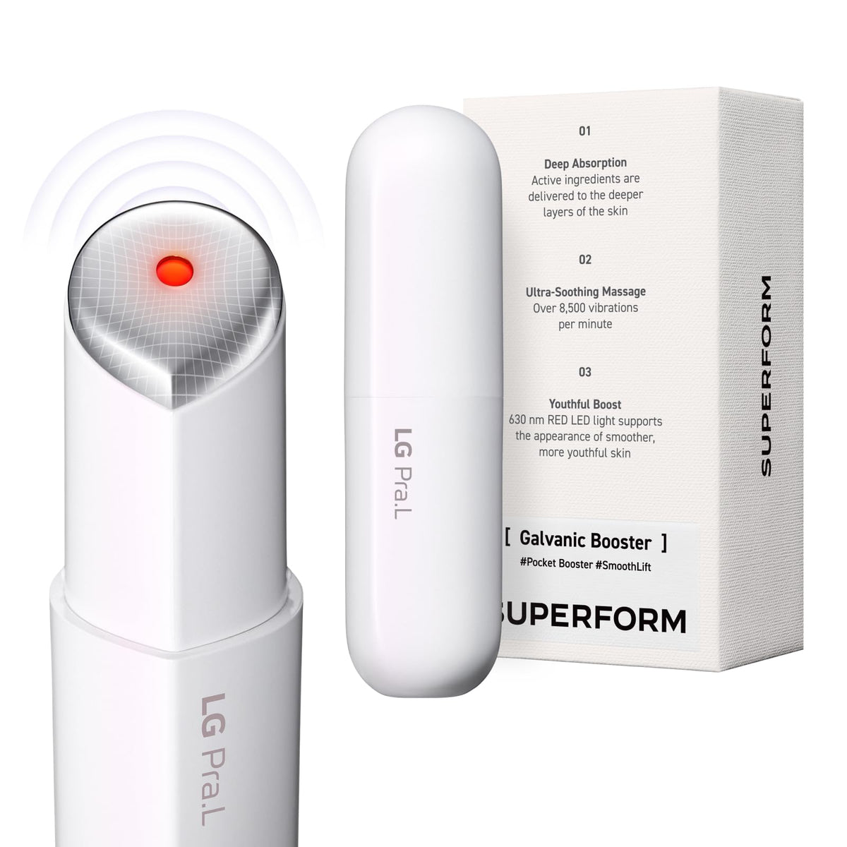 LG Pra.L Superform Galvanic Booster Mystic White product shot highlighting portable on-the-go skincare