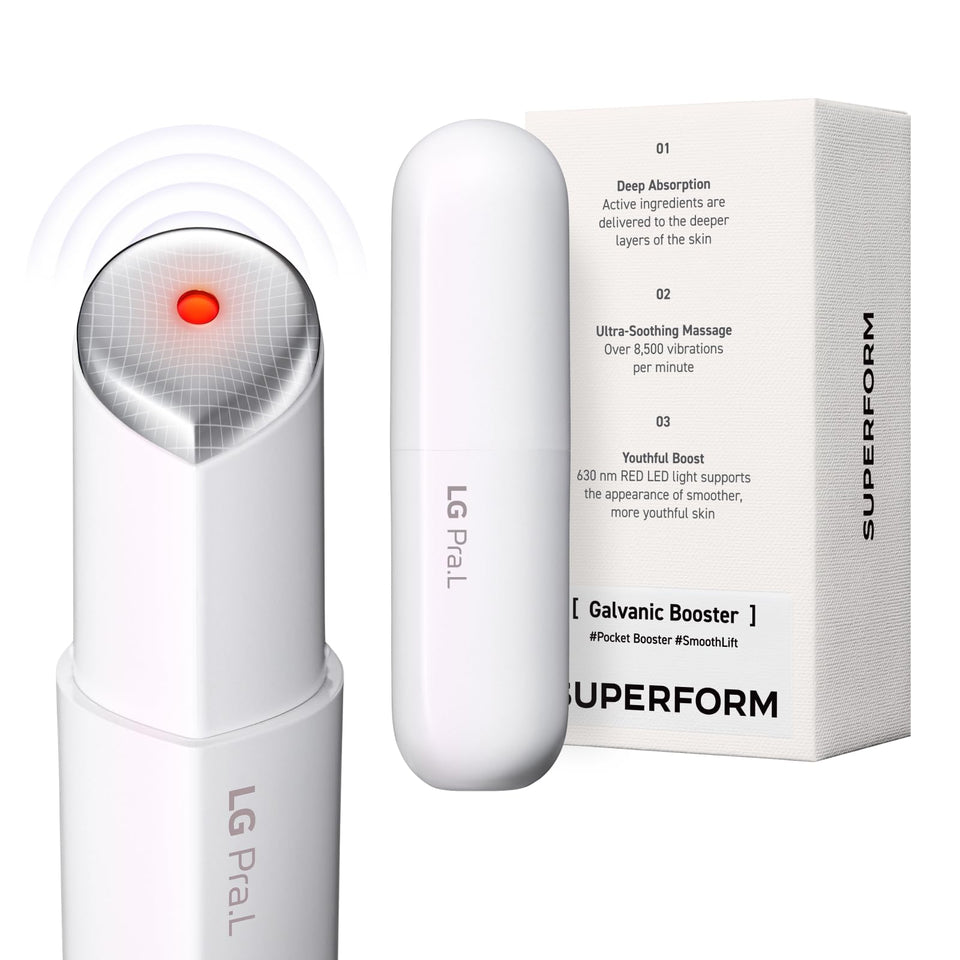 LG Pra.L Superform Galvanic Booster Mystic White product shot highlighting portable on-the-go skincare