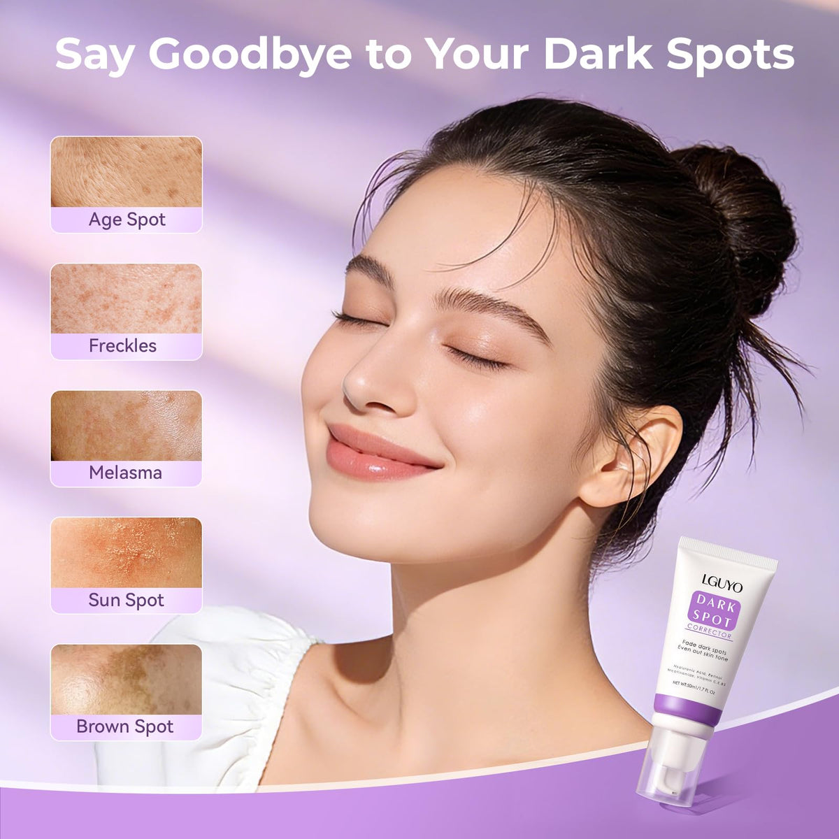 LGUYO ingredients close-up with Niacinamide and Vitamin C supporting even tone