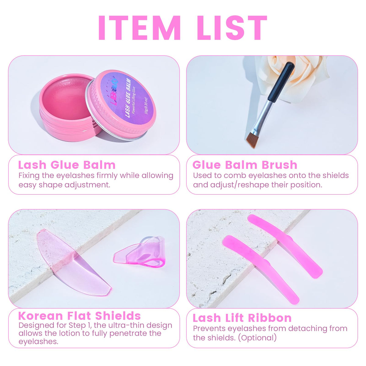 Libeauty Korean-style lash lift setup with shields and ribbon for professional results.