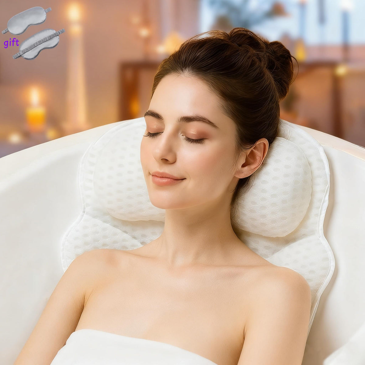 LIBRALUX bath pillow highlights six non-slip suction cups for secure placement.
