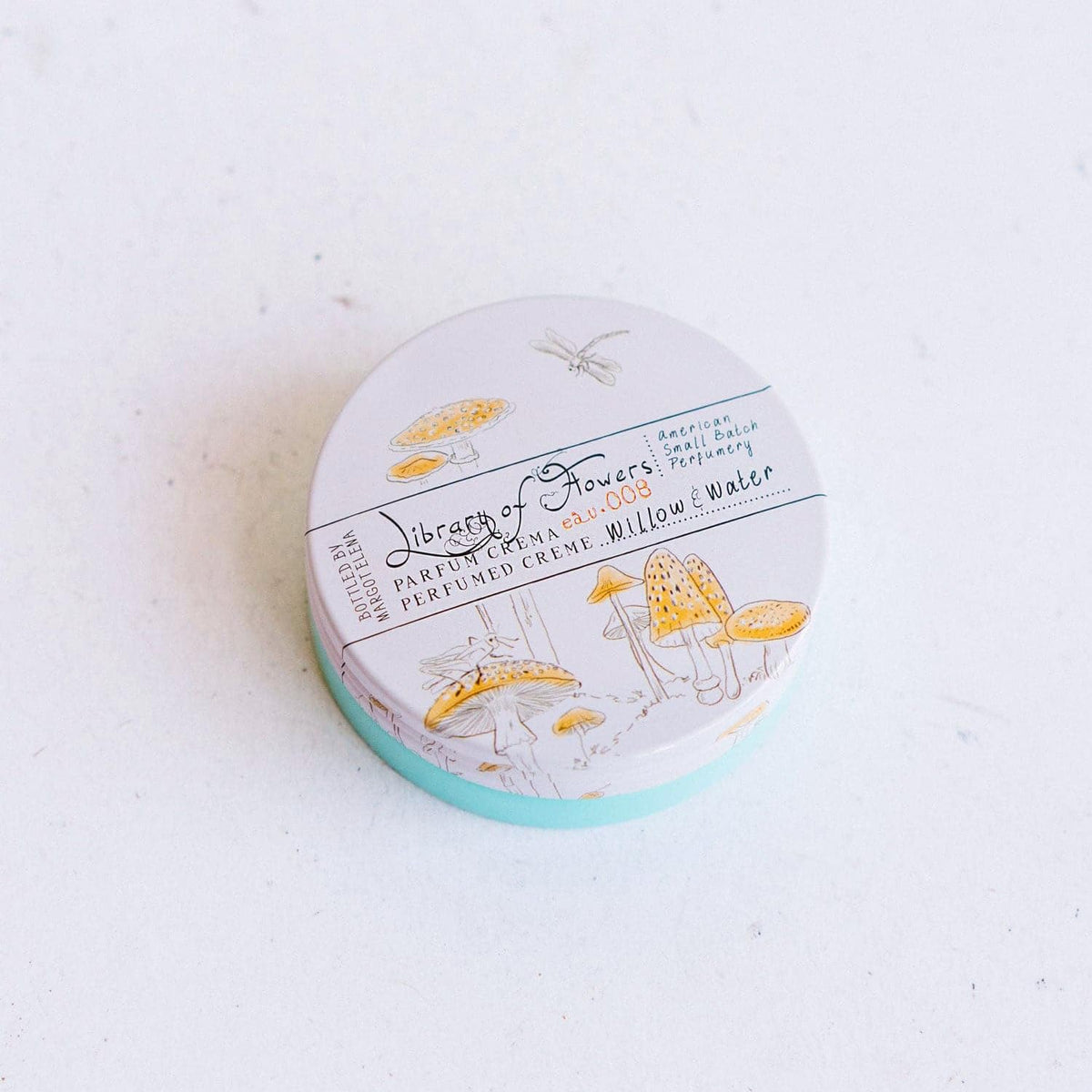 Library of Flowers Willow & Water Parfum Crema label closeup reveals premium fragrance craftsmanship.