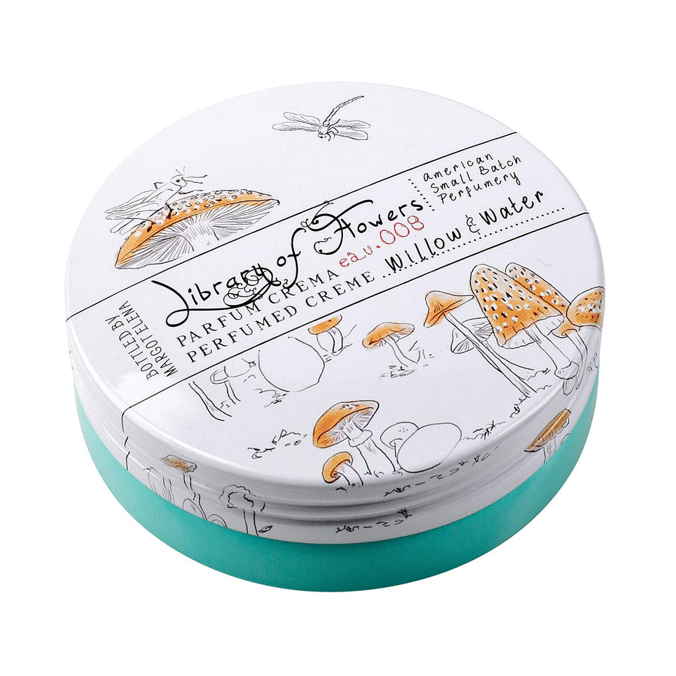 Library of Flowers Willow & Water Parfum Crema tin front, portable long-lasting fragrance.