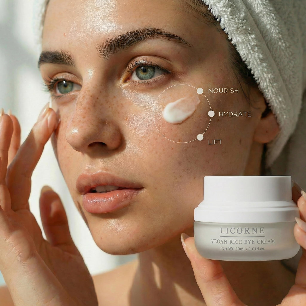 Licorne eye cream being applied to under-eye area for soothing hydration