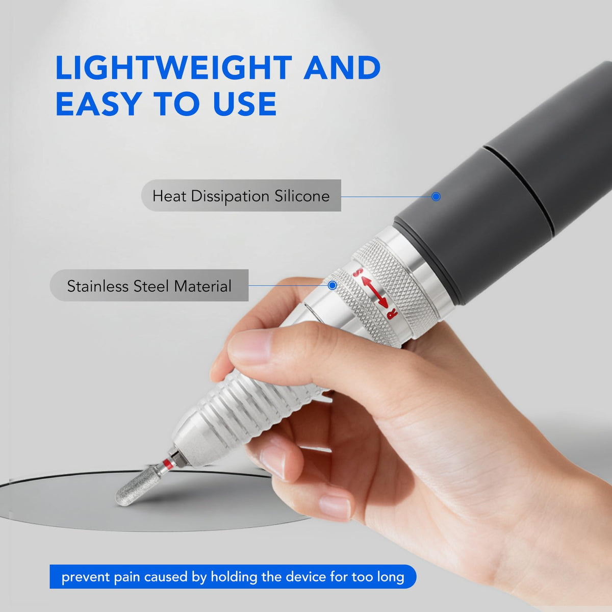 Liddy Art nail drill runs up to 35,000 RPM for versatile speed control.