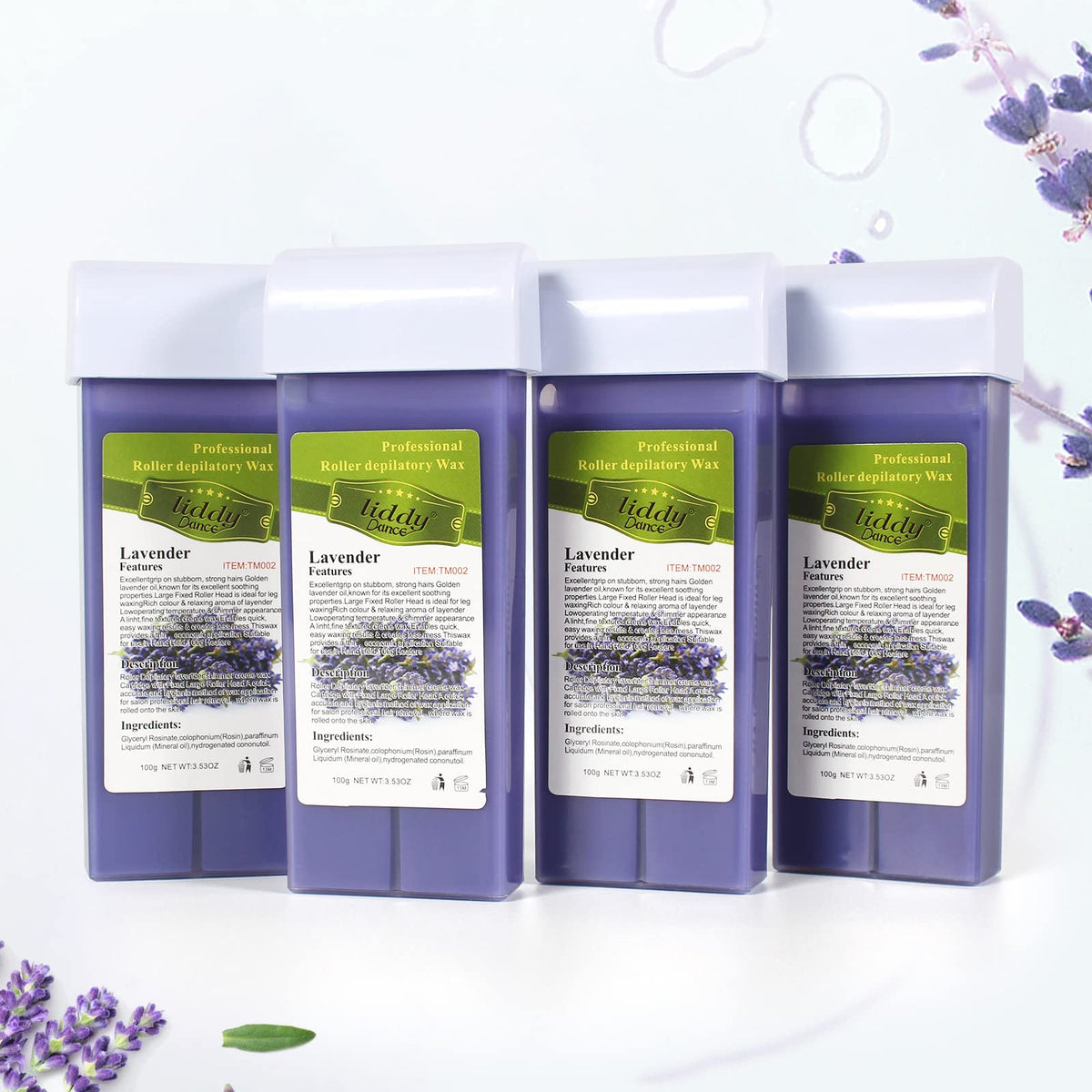 Liddy Dance lavender roll-on wax packaging for easy at-home waxing.