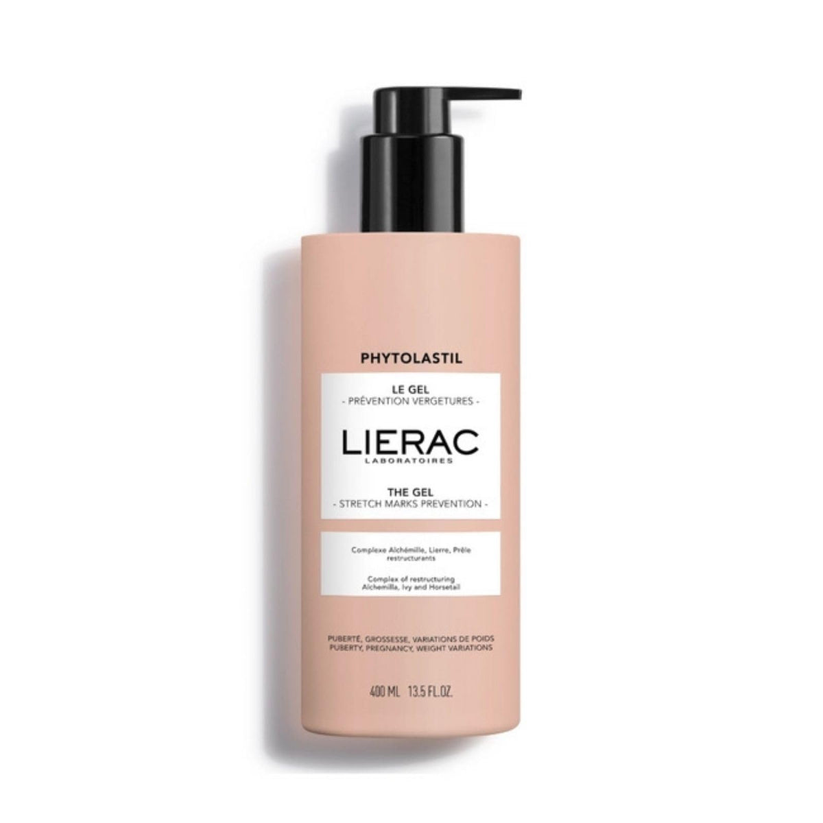 Lierac Phytolastil amber gel packaging shows quick-absorbing hydration for skin.