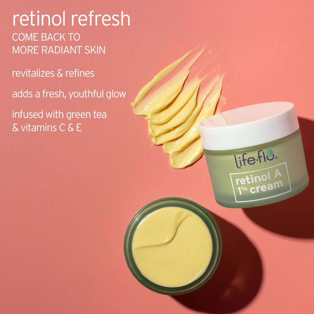 LIFE-FLO Retinol Face Cream swatch on hand demonstrates easy absorption and velvety finish.