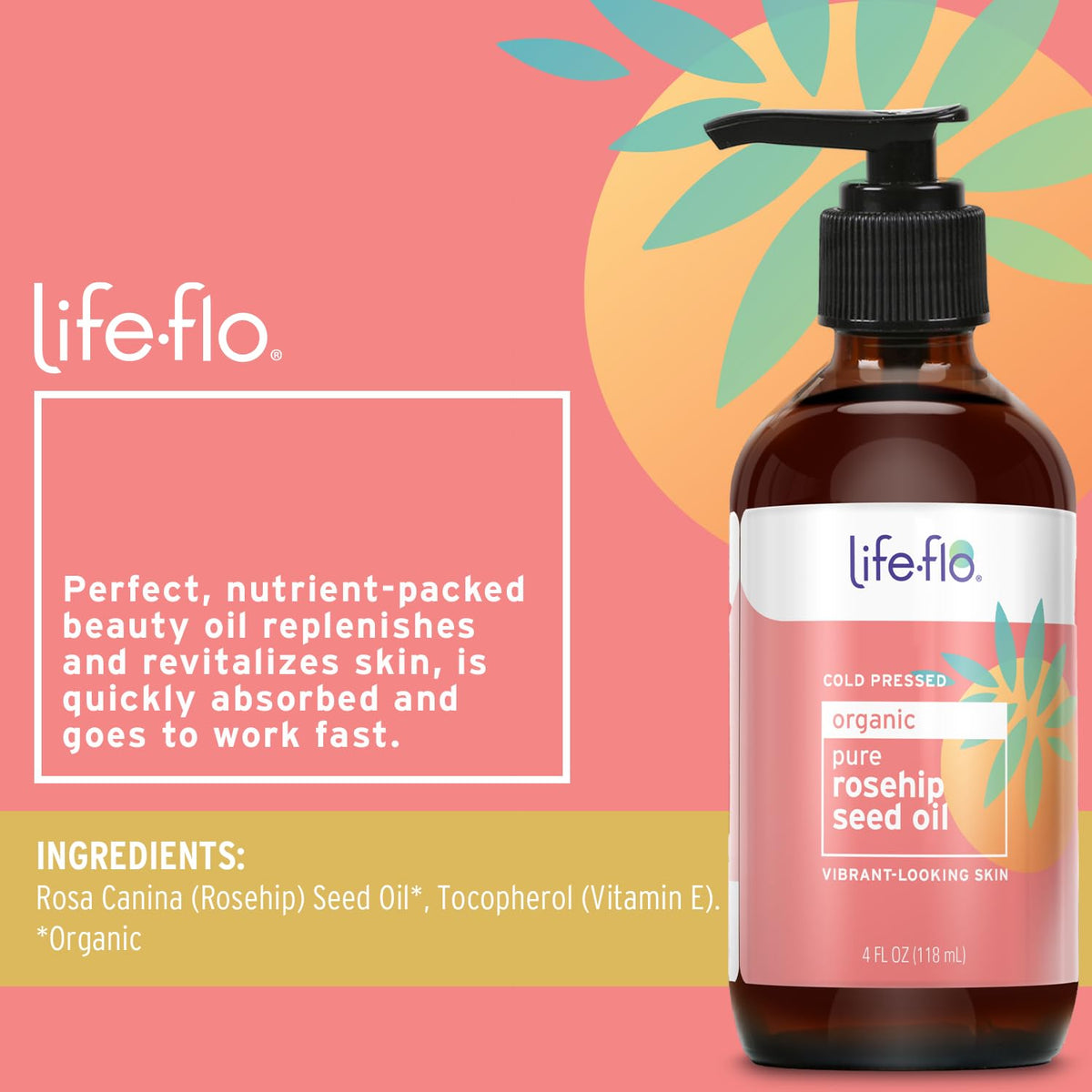 LIFE-FLO Rosehip Seed Oil amber glass bottle on a clean counter for daily use