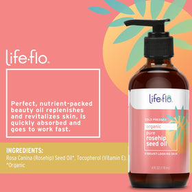 LIFE-FLO Rosehip Seed Oil amber glass bottle on a clean counter for daily use