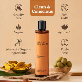 Life & Pursuits Turmeric Body Oil amber bottle highlights natural oils.