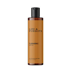 Life & Pursuits Turmeric Body Oil bottle for radiant skin nourishment.