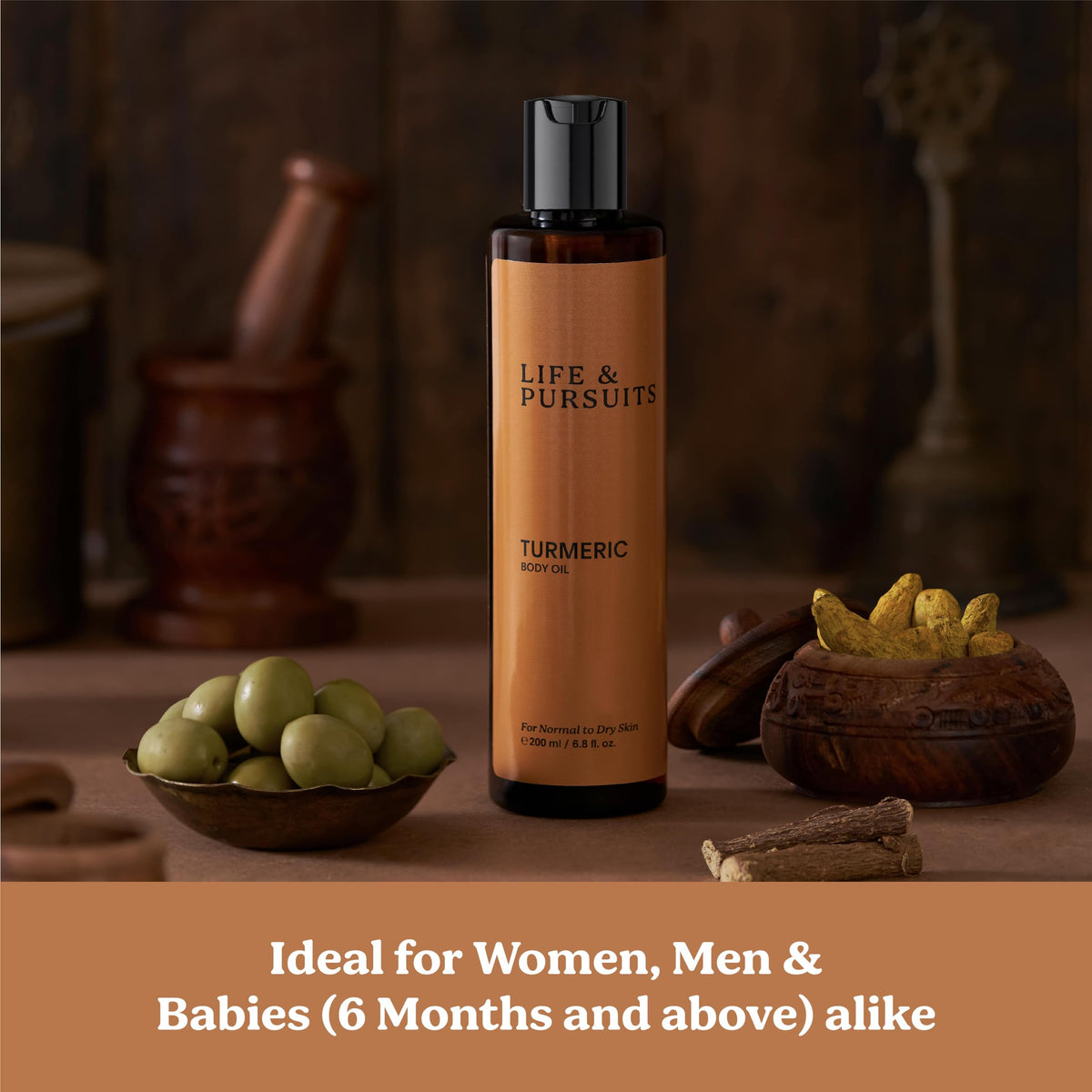 Life & Pursuits Turmeric Body Oil massage scene suggests a daily ritual.