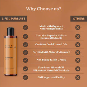 Life & Pursuits Turmeric Body Oil texture close-up shows non-greasy finish.