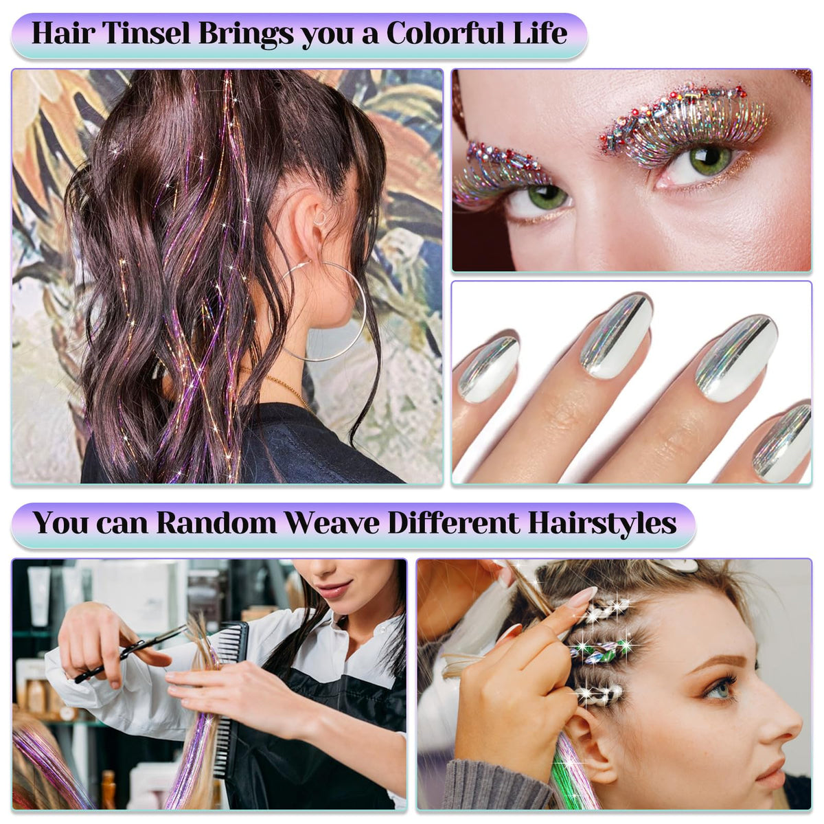 LifeisLuck 48-inch tinsel extensions styled on model for dramatic festive looks.
