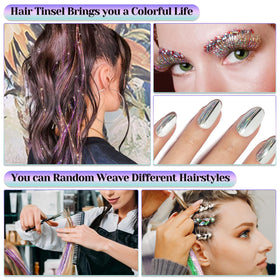LifeisLuck 48-inch tinsel extensions styled on model for dramatic festive looks.