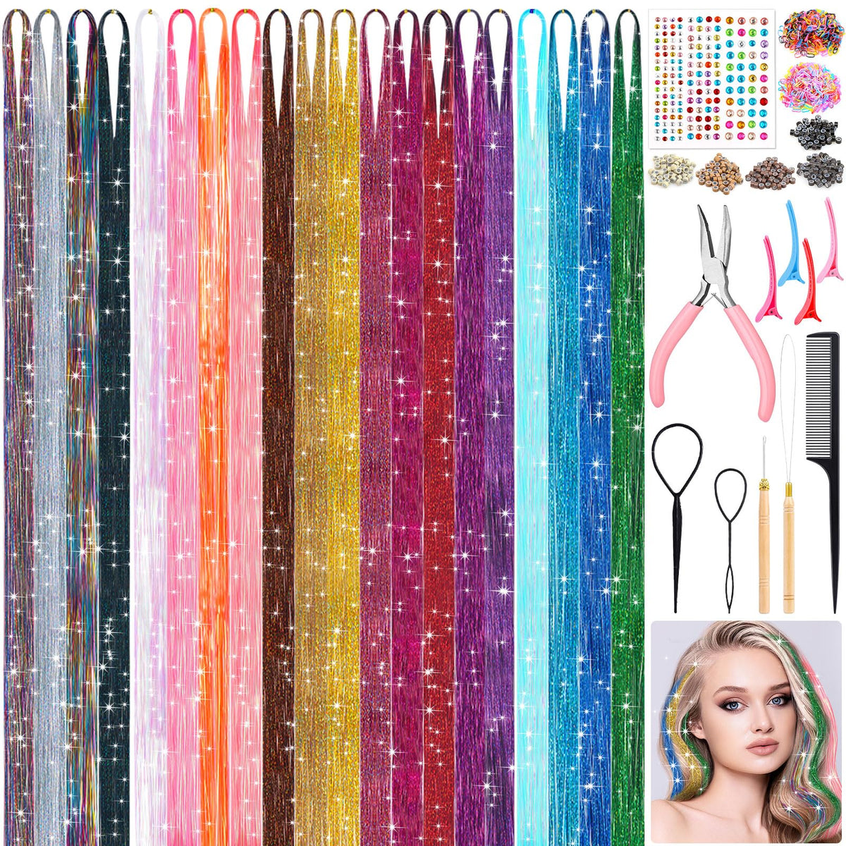 LifeisLuck fairy hair tinsel kit color swatches for vibrant party-ready looks.