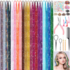 LifeisLuck fairy hair tinsel kit color swatches for vibrant party-ready looks.