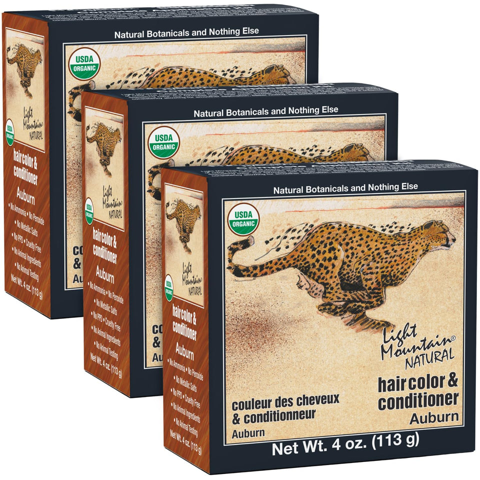 Light Mountain Auburn henna packaging highlights organic color and conditioning.