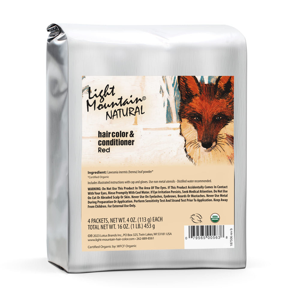Light Mountain henna hair color bottle in red for easy at-home application